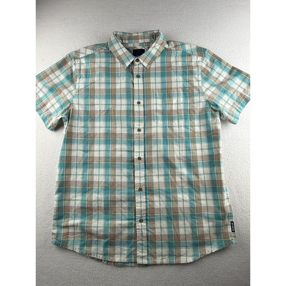 Prana‎ Mens Large Short Sleeve Plaid Button Down Shirt Teal Tan White